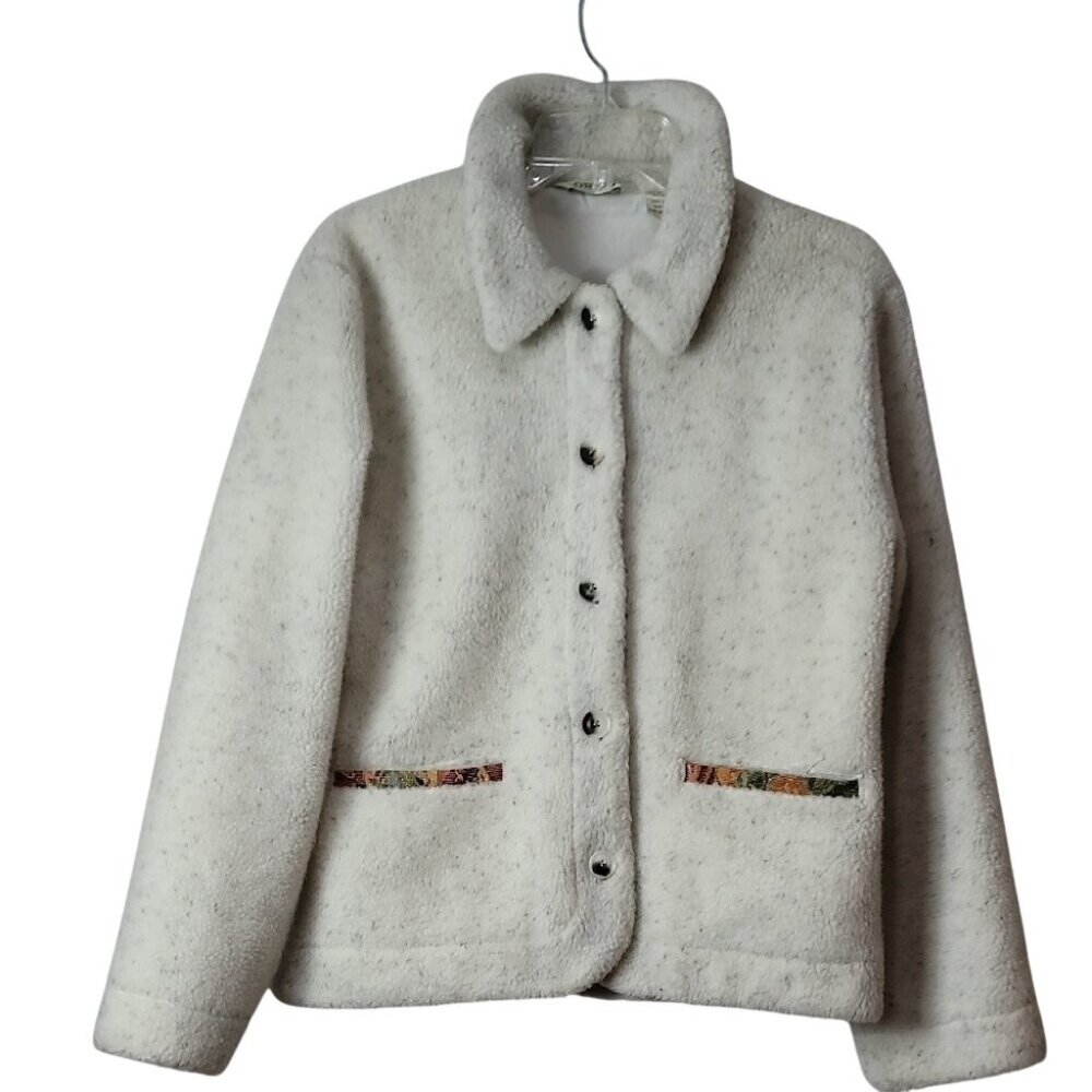 Orvis Womens White Sherpa Button-Up Jacket W/ Tapestry Trim Pockets Size M Polye - Picture 13 of 13